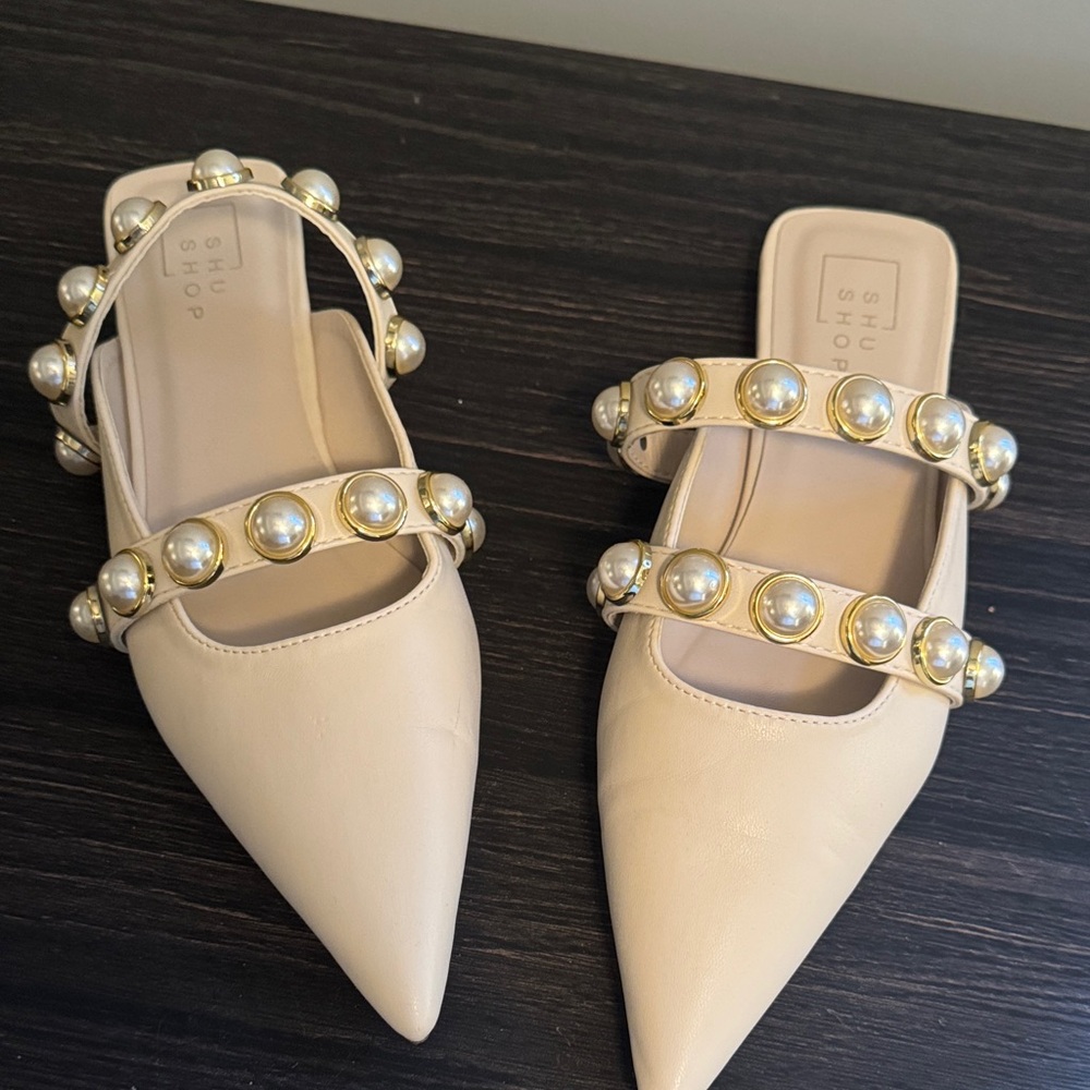 ShuShop Beige Pearl-Embellished Mules